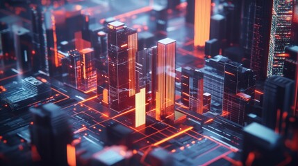 Poster - Futuristic Cityscape with Neon Lights Showcasing Skyscrapers and Technology in a Digital Environment, Representing Urban Innovation and Advanced Design Aesthetics