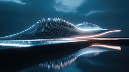 Poster - Abstract digital landscape with glowing lines and reflected light in a serene environment, showcasing futuristic waves and soft atmospheric elements at dusk