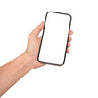 © Pornprasit Panada - Hand showing smartphone with blank screen isolated on white background.