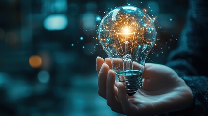 Poster - New ideas Businessman hand holding creative light bulb with industry network, analysis solution and development marketing network icons planning strategy, Modern business, Innovative of idea