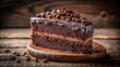 © Kukar Studio - A rich chocolate cake layered with creamy filling, topped with decadent chocolate ganache and sprinkled with coffee beans, resting on a rustic wooden board.