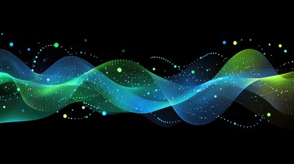 Poster - Abstract Colorful Wave Pattern with Light Particles and Curves on Dark Background for Design and Digital Art Projects