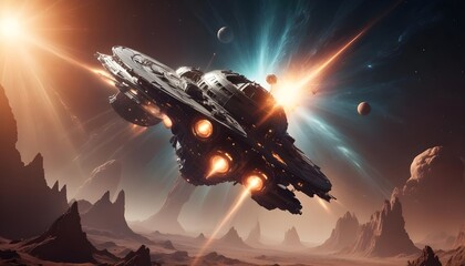 Wall Mural - a mysterious futuristic spacecraft hovers above a distant alien planet its glowing energy core puls