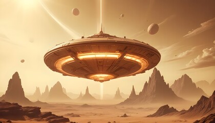 Wall Mural - a mysterious futuristic spacecraft hovers above a distant alien planet its glowing energy core puls