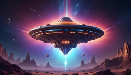 Wall Mural - a mysterious futuristic spacecraft hovers above a distant alien planet its glowing energy core puls