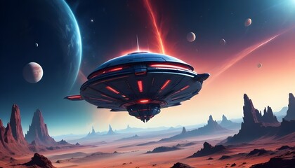 Wall Mural - a mysterious futuristic spacecraft hovers above a distant alien planet its glowing energy core puls