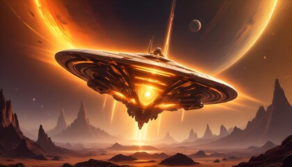 Wall Mural - a mysterious futuristic spacecraft hovers above a distant alien planet its glowing energy core puls