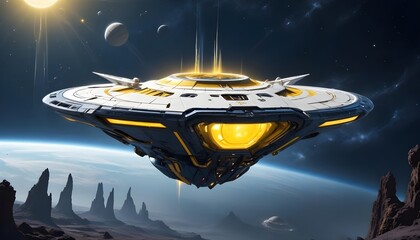 Wall Mural - a mysterious futuristic spacecraft hovers above a distant alien planet its glowing energy core puls
