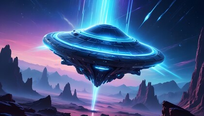 Wall Mural - a mysterious futuristic spacecraft hovers above a distant alien planet its glowing energy core puls