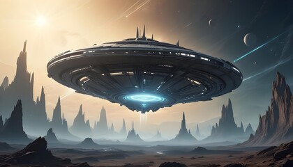 Wall Mural - a mysterious futuristic spacecraft hovers above a distant alien planet its glowing energy core puls