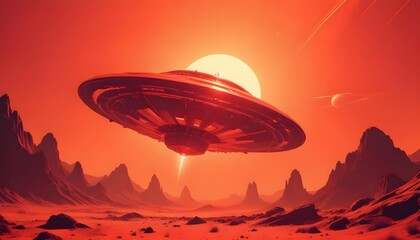 Wall Mural - a mysterious futuristic spacecraft hovers above a distant alien planet its glowing energy core puls