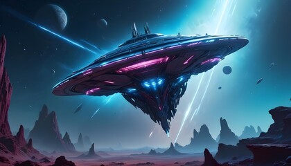 Wall Mural - a mysterious futuristic spacecraft hovers above a distant alien planet its glowing energy core puls