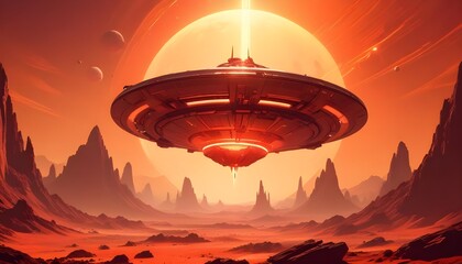 Wall Mural - a mysterious futuristic spacecraft hovers above a distant alien planet its glowing energy core puls