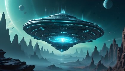 Wall Mural - a mysterious futuristic spacecraft hovers above a distant alien planet its glowing energy core puls