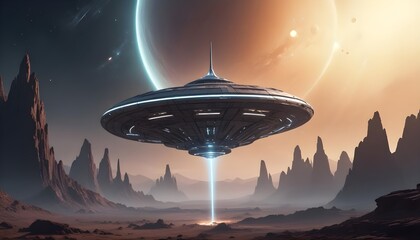 Wall Mural - a mysterious futuristic spacecraft hovers above a distant alien planet its glowing energy core puls