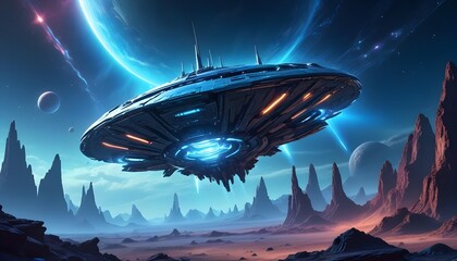 Wall Mural - a mysterious futuristic spacecraft hovers above a distant alien planet its glowing energy core puls