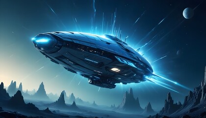Wall Mural - a mysterious futuristic spacecraft hovers above a distant alien planet its glowing energy core puls