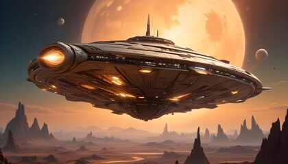 Wall Mural - a mysterious futuristic spacecraft hovers above a distant alien planet its glowing energy core puls