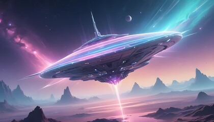 Wall Mural - a mysterious futuristic spacecraft hovers above a distant alien planet its glowing energy core puls