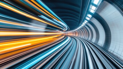 Poster - Dynamic Motion Blur of Urban Subway Train in Modern Underground Tunnel with Colorful Light Trails Creating a Vibrant, Energetic Atmosphere