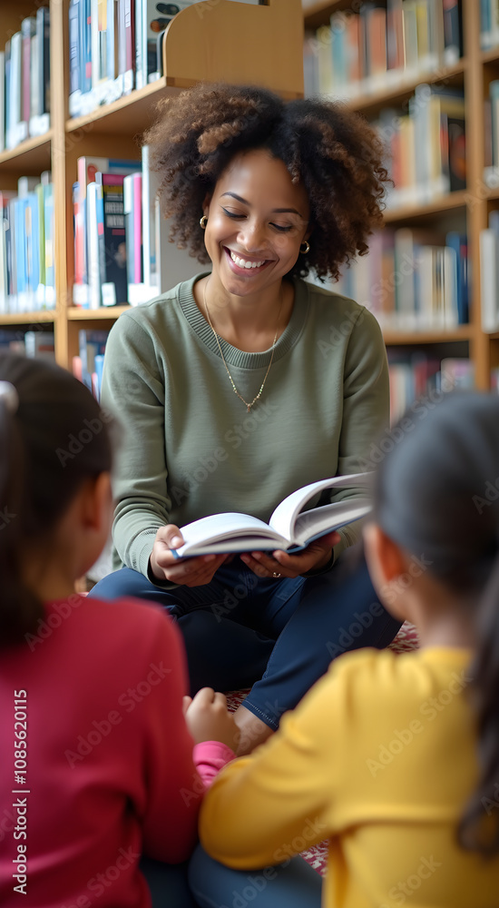 A black female teacher reads a book to engaged children in a cozy ...