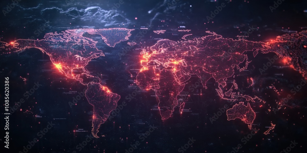 Digital world map with dynamic chart overlays and glowing data points ...