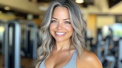 Wall Mural - A woman with long, wavy hair smiles confidently while preparing for her workout in a bright and modern gym. Fitness equipment is visible in the background, creating an energetic atmosphere