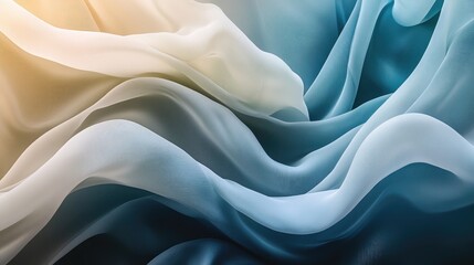 Poster - Soft Waves of Ethereal Fabric Flowing in Gradient Tones of Blue, White, and Gold Creating a Dreamy and Serene Atmosphere for Abstract Backgrounds