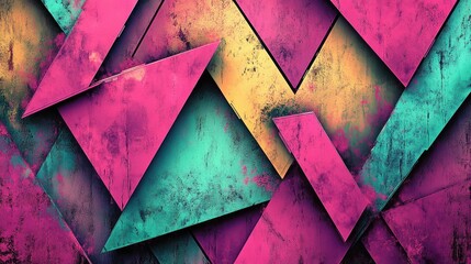 Poster - Dynamic Abstract Background with Layered Geometric Shapes in Vivid Colors of Pink, Purple, Yellow, and Teal Creating a Modern Artistic Texture