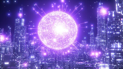 Poster - A vibrant, glowing sphere radiates light in a futuristic cityscape, creating a mystical and energetic atmosphere filled with sparkling particles.