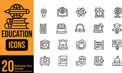 Aufkleber - Education set icons such as books, computers, desks, schools, buildings, and bags.