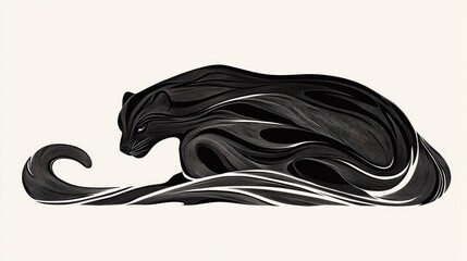 Poster - Elegant Abstract Black Cat Silhouette with Flowing Lines and Curves, Perfect for Modern Illustrations and Artistic Designs Highlighting Grace and Mystery