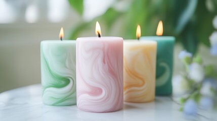 Canvas Print - Four pastel-colored marble candles burning gently on a white surface, soft background blur.