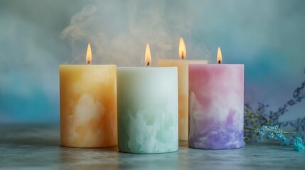 Canvas Print - Three pastel-colored candles burning, emitting soft smoke, rest on a gray surface next to dried flowers.