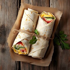 Wall Mural - Fresh tasty Tortilla wraps on wooden background