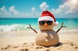 ©  S u n n y B u n n y - Tropical beach christmas: sand snowman with santa hat and sunglasses by the ocean.