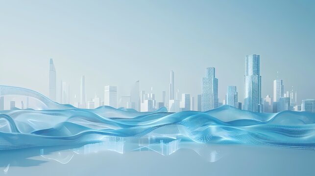 Digital technology Blue and white future city glass building poster background