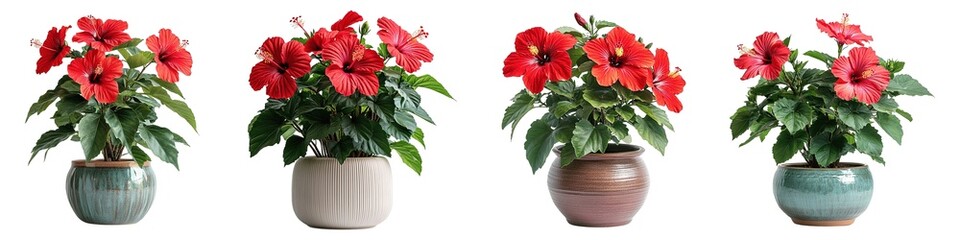 Wall Mural - Decorative Potted Hibiscus Featuring Rich Red Blossoms In Modern Containers Isolated