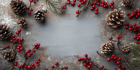 Wall Mural - A Festive Arrangement of Pinecones and Red Berries on a Textured Surface With a Rustic Appearance, Creating a Seasonal Atmosphere for Winter Celebrations