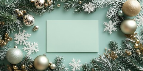 Wall Mural - A Festive Winter Flat Lay Featuring Green and Gold Ornaments Among Bright Green Pine Branches and Decorative Snowflakes on a Light Blue Background