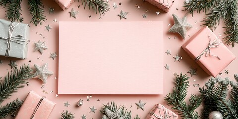 Sticker - Decorative Arrangement of Wrapped Gifts and Festive Ornaments on a Soft Pink Background, Creating an Inviting Atmosphere for the Holiday Season