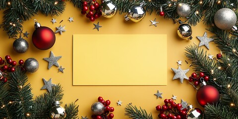 Wall Mural - A Vibrant Holiday Display Featuring Red and Silver Ornaments, Green Pine Branches, and a Blank Yellow Card, Perfect for Festive Greetings or Invitations on a Cheerful Background