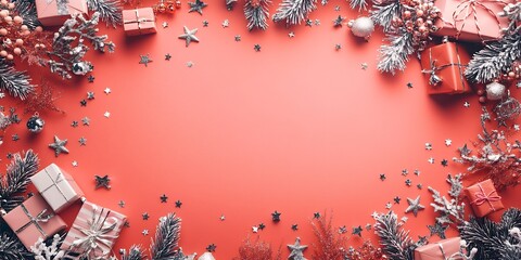 Canvas Print - Festive Arrangement of Holiday Decorations With Gifts, Stars, and Evergreen Branches on a Bright Red Background During the Christmas Season