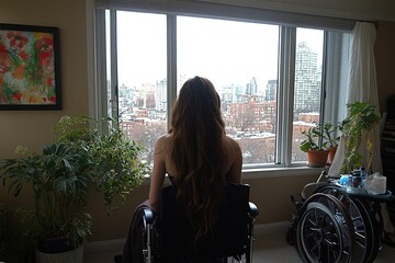 Poster - Woman with Long Hair Sitting in Wheelchair by Window