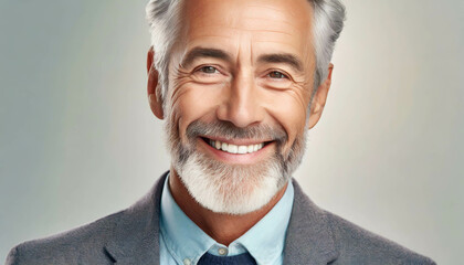 Wall Mural - A cheerful middle-aged man with a beard and glasses smiles warmly, exuding positivity and approachability in a bright blue backdrop.