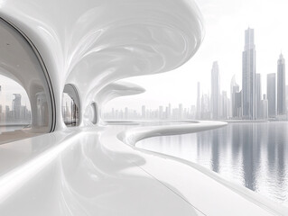 Wall Mural - a modern architectural structure with a curved white facade and large glass windows, situated near a reflective body of water during sunset.