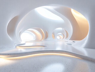 Wall Mural - a modern architectural structure with a curved white facade and large glass windows, situated near a reflective body of water during sunset.