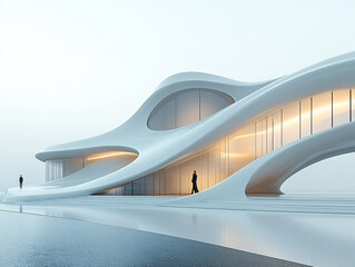 Wall Mural - a modern architectural structure with a curved white facade and large glass windows, situated near a reflective body of water during sunset.
