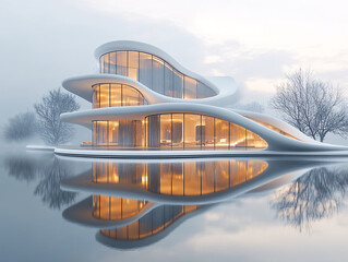 Wall Mural - a modern architectural structure with a curved white facade and large glass windows, situated near a reflective body of water during sunset.