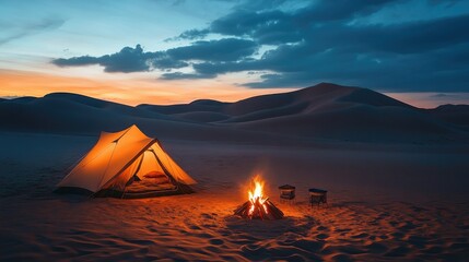 Wall Mural - Serene Desert Camping Experience Under Twilight Sky with a Glowing Campfire, Tent Pitching, and Calm Sand Dunes in the Background